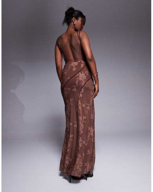 ASOS Brown Asymmetric Neckline Devore Maxi Dress With Exposed Seaming Details