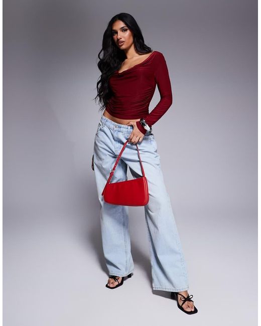 ASOS Top Van Gladde Stof Met Lange Mouwen En Gedrapeerde Halslijn in het Red