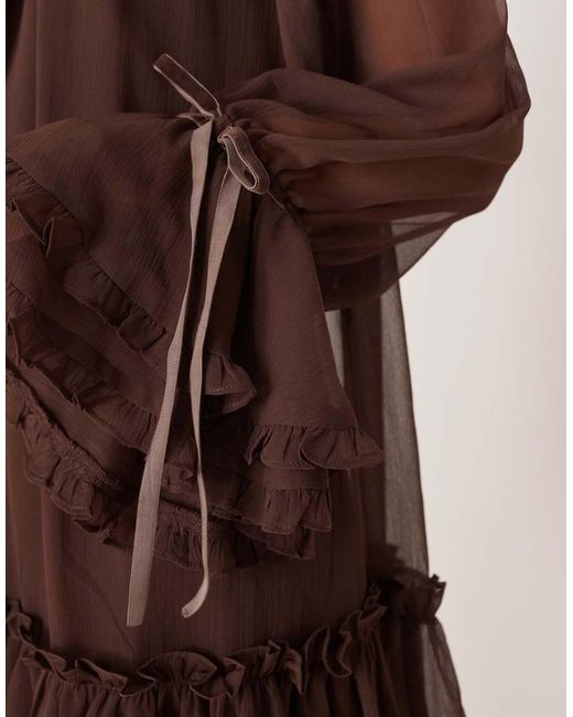 ASOS Brown Smock Mini Dress With Tiered Ruffle Cuff And Velvet Bows