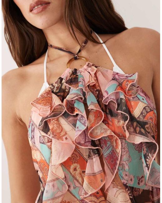 Miss Selfridge Brown Beach Ring Detail Halterneck Cut About Scarf Print Cover Up