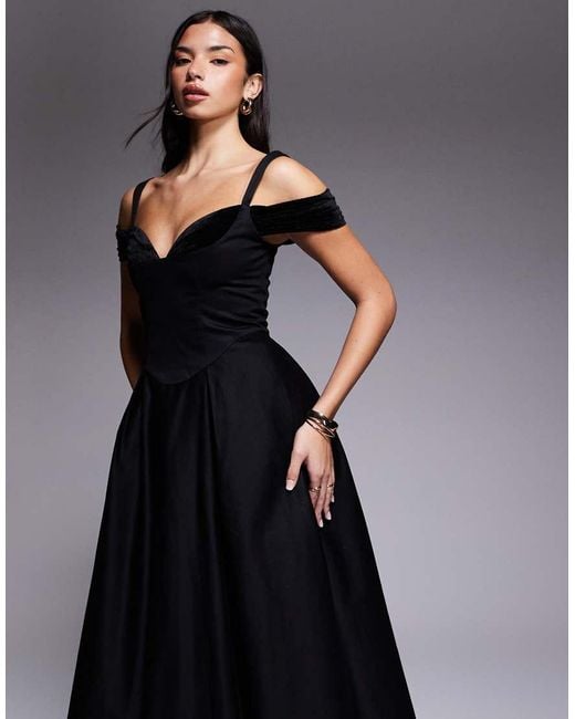 ASOS Black Midi Dress With Full Skirt And Velvet Inserts