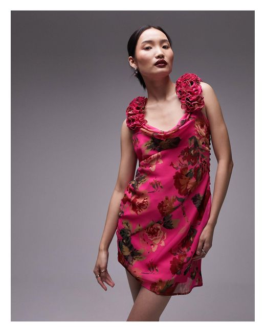 Robe nuisette courte à imprimé fleuri avec col bénitier et manches ornées TOPSHOP en coloris Pink