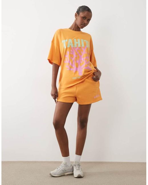 Kaiia Orange Cotton Rich Tahiti Graphic Oversized T-shirt Co-ord