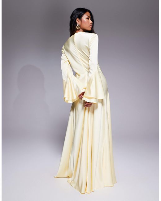 ASOS White Long Sleeve Satin Maxi Dress With Full Skirt And Godet