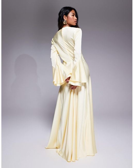 ASOS White Long Sleeve Satin Maxi Dress With Full Skirt And Godet