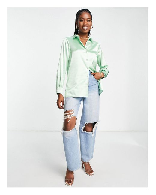 Miss Selfridge Oversized Satin Shirt With Diamante Buttons in White | Lyst
