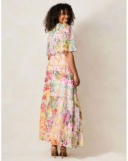 Hope & Ivy Natural The Julia Flutter Sleeve Maxi Wrap Dress With Tie Waist