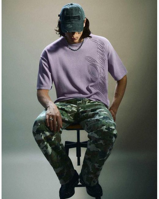 Bershka Purple Short Sleeve Washed Effect Embroidered T-Shirt for men