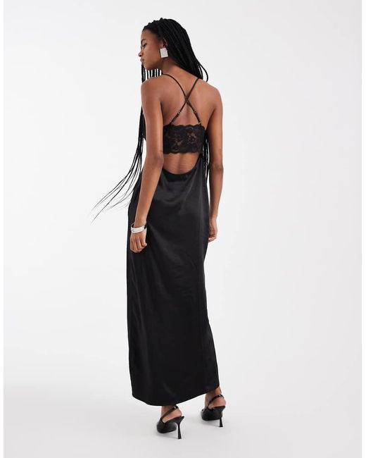 4th & Reckless White Satin Cami Strappy Lace Detail Split Front Maxi Dress