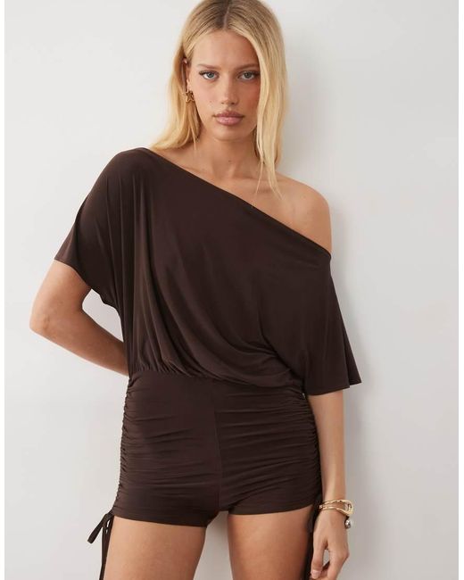 Miss Selfridge Natural Off Shoulder Playsuit With Ruched Short
