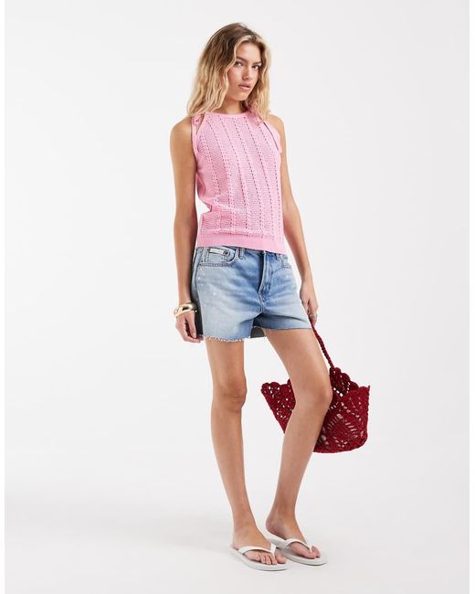 Vero Moda Red Tie Shoulder Racer Crochet Knit Tank Top