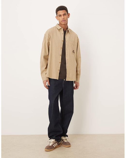 ASOS Natural Oversized Striped Shirt With Chest Embroidery for men