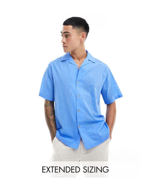 ASOS Blue Short Sleeve Relaxed Revere Collar Linen Look Shirt for men