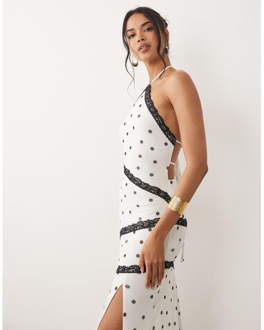 ASOS Natural Halter Mixed Polka Dot Maxi Dress