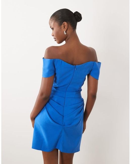 ASOS Blue Bardot Structured Plunge Mini Dress With Draped Waist