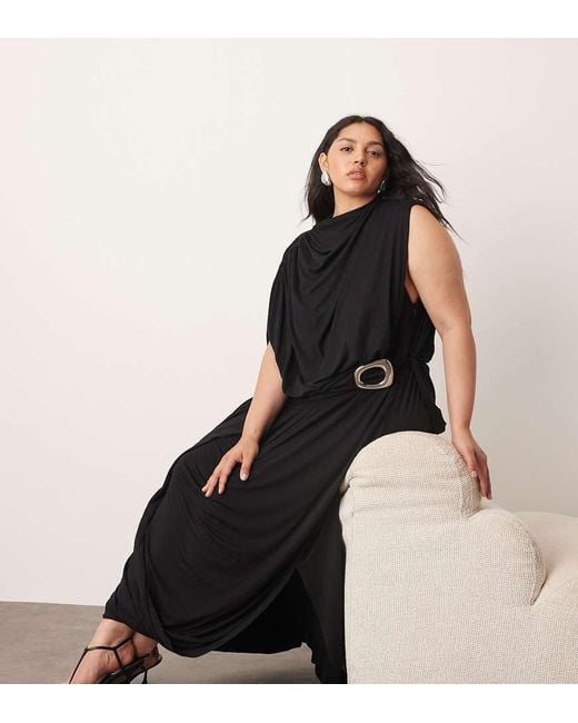 ARRANGE Black Curve Sleeveless Draped Hem Midi Dress With Buckle Trim Detail