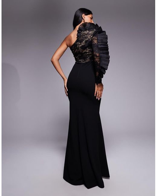 Goddiva Black One Shoulder Organza Fan Detail Lace Bodice Maxi Dress