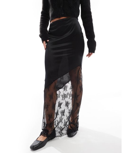 ASOS Black Satin Maxi Skirt With Lace Insert