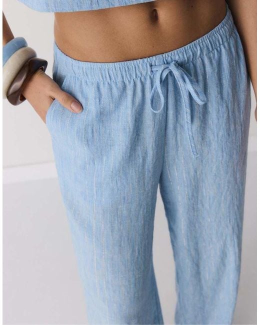 Stradivarius Blue Flowing Metallic Thread Trousers