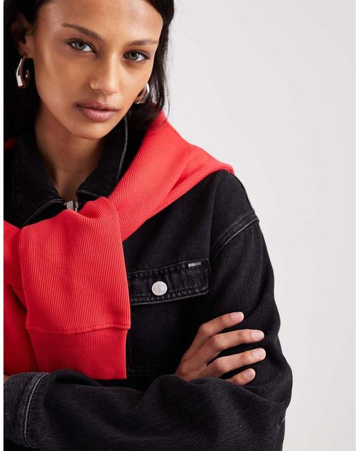 Tommy Hilfiger Black Cropped Zip Through Denim Jacket