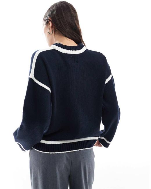 ASOS Blue Knitted Jumper With Contrast Cream Seams Navy