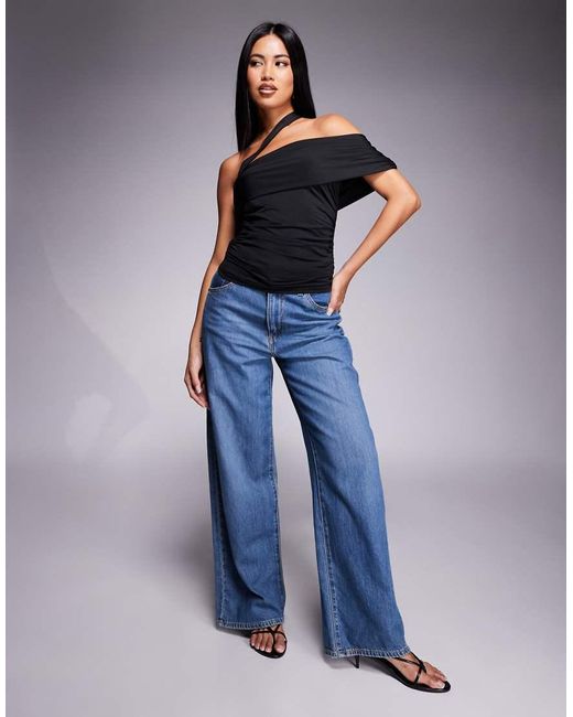 ASOS Blue Slinky One Shoulder Fold Over Bardot Top