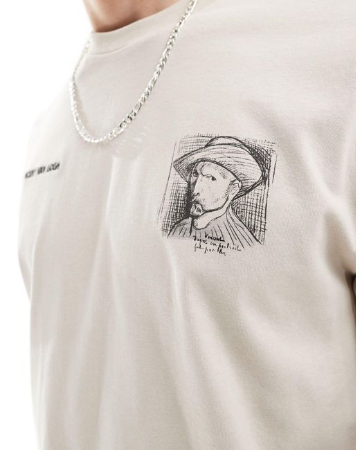 T-shirt squadrata beige con stampa van gogh di Bershka in Gray da Uomo