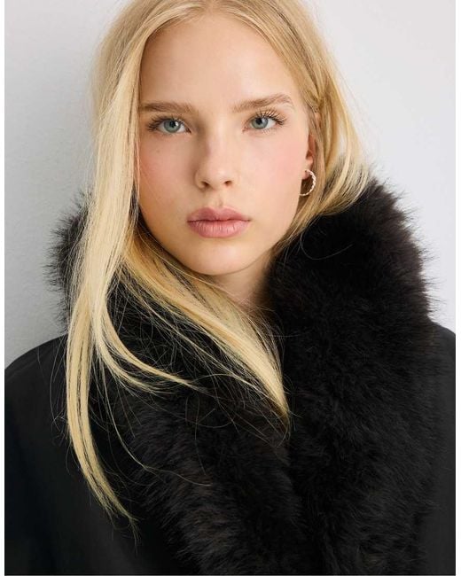 Stradivarius Blue Padded Shawl Neck Faux Fur Jacket