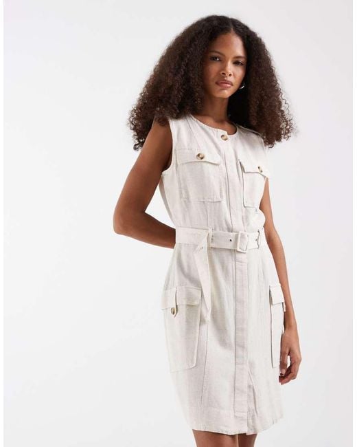 Vero Moda White Linen Look Utility Pocket Detail Belted Mini Dress