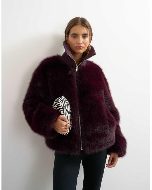 TOPSHOP Red Faux Fur Funnel Neck Jacket