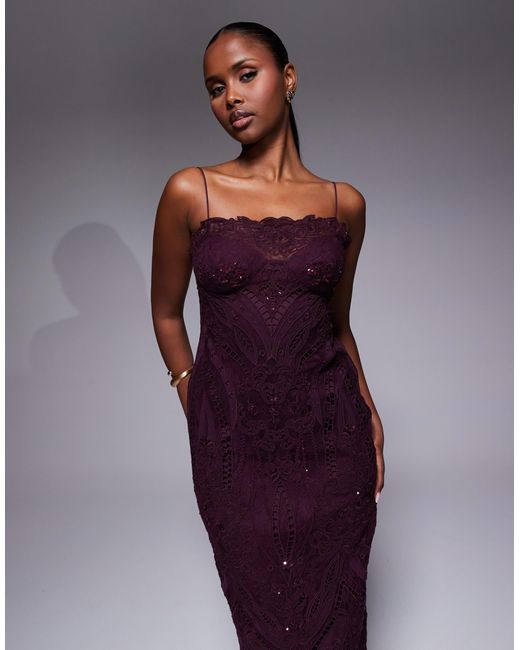 ASOS Scallop Embroide Lace Midi Dress With Sequins in Purple | Lyst