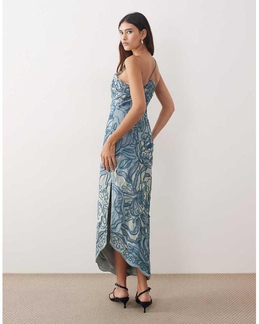 ARRANGE Blue Linear Floral Embroidered One-shoulder Column Maxi Dress