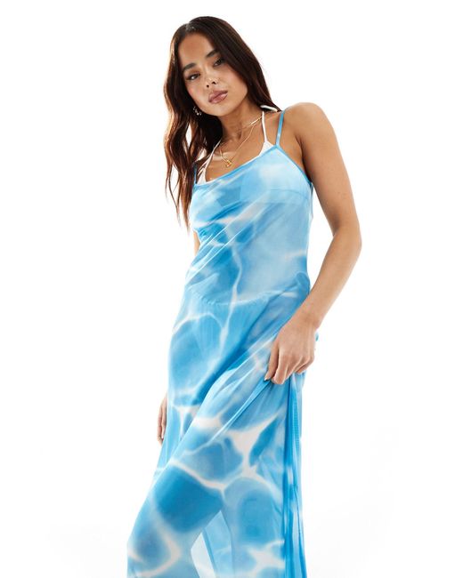 Vero Moda Blue – maxikleid aus netzstoff mit seitenschlitzen und aquarellmuster