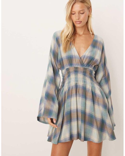 ASOS Gray V Neck Mini Dress With Shirred Waist