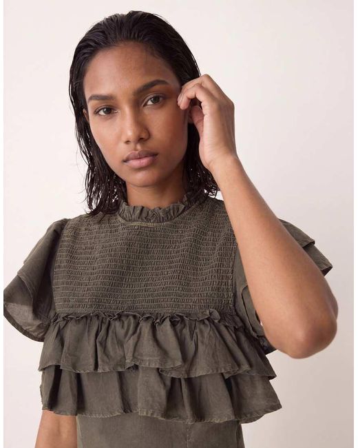 ASOS Natural High Neck Ruffle Mini Dress With Shirring