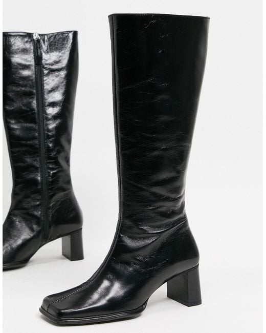 ASOS Cali Premium Leather Heeled Knee Boots in Black - Lyst