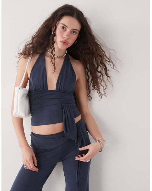 Motel Blue Prilla Slinky Wrap Co-Ord Detail Halter Top