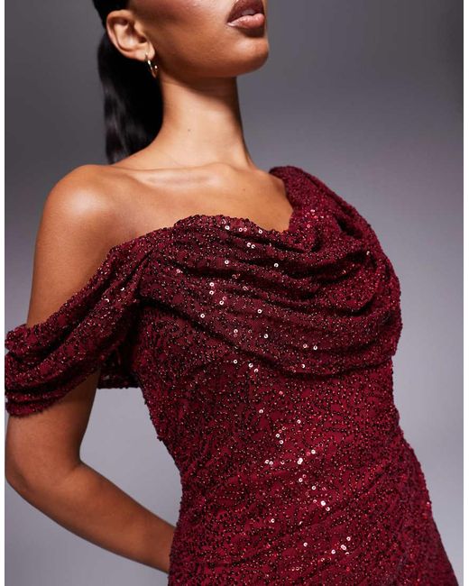 Goddiva Purple Sequin Cowl One Shoulder Maxi Dress