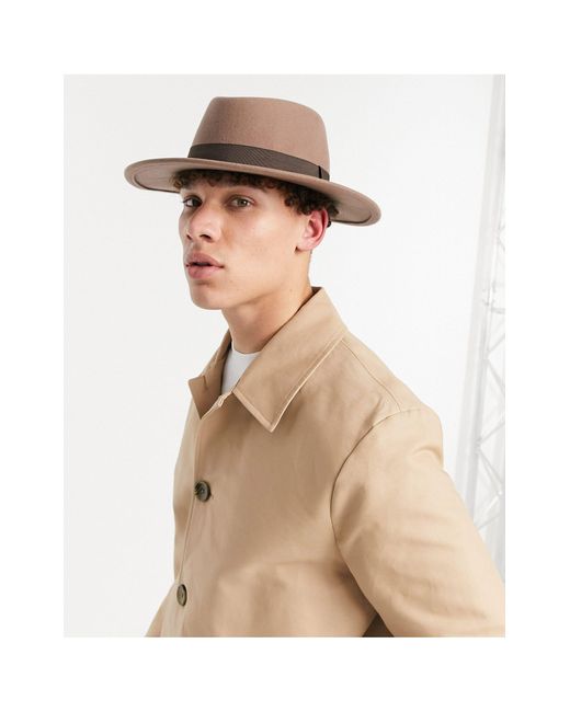 ASOS Wool Wide Brim Pork Pie Hat in Tan 