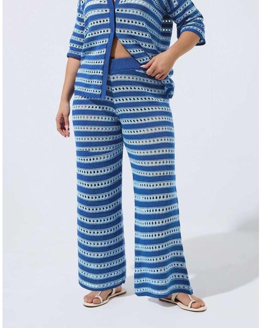 Yours Clothing Blue Stripe Knitted Wide Leg Trousers