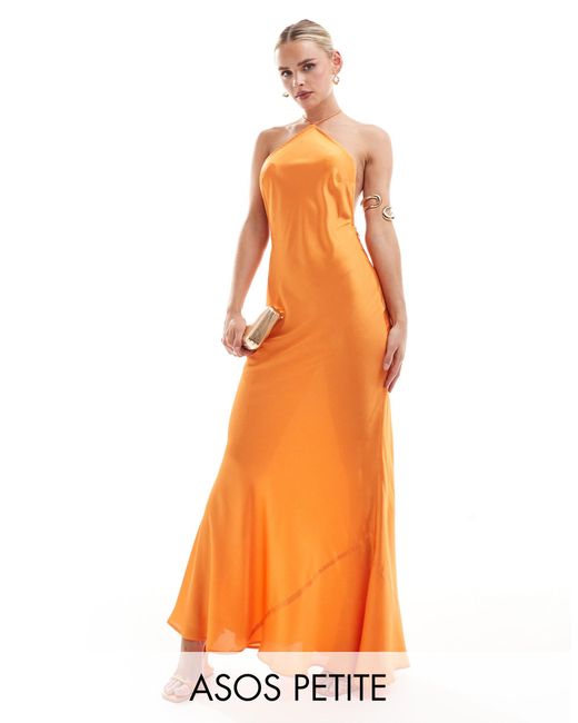 ASOS Orange Asos Design Petite Satin Halter Maxi Dress With Shaped Back Detail