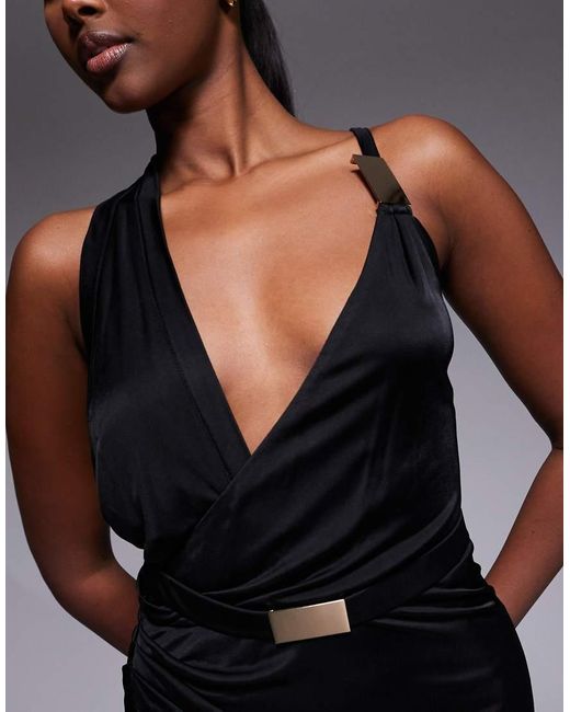 JLUXLABEL Black Anniversary Belted Wrap Midaxi Dress