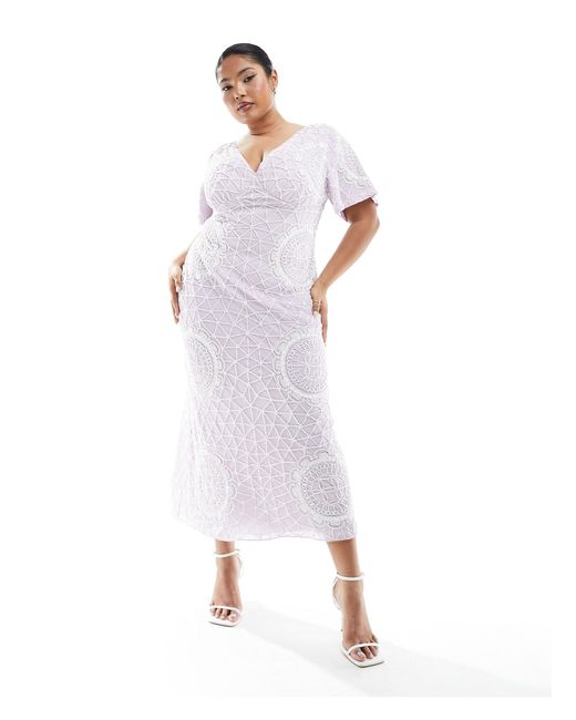 ASOS White Asos Design Curve Exclusive Flutter Sleeve Circular Embellished Plunge Midi Dress