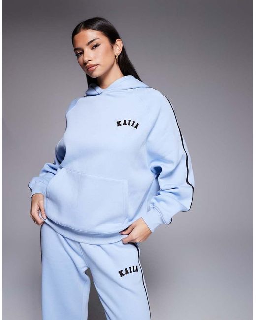 Kaiia Blue Cotton Rich Embroidered Logo Contrast Stripe Detail Oversized Hoodie