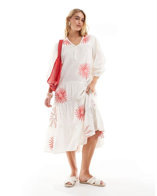 Accessorize White – midi-strandkleid mit sommerlichem sonnenprint und puffärmeln
