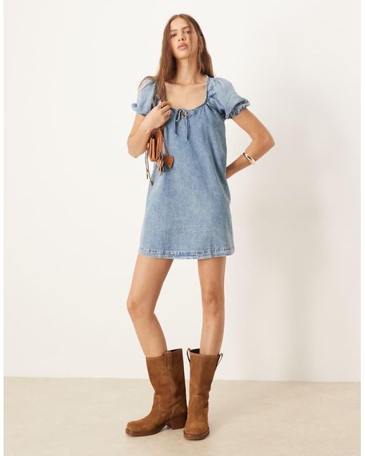ASOS Blue Denim Mini Dress With Puff Sleeve And Tie Detail