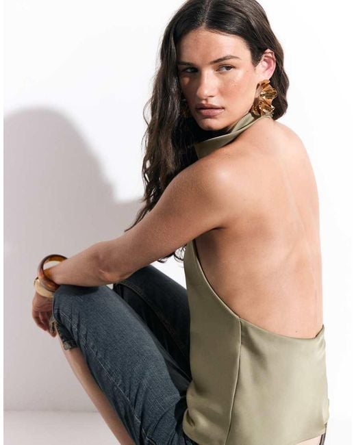 Kaiia Green Exclusive Satin High Neck Cowl Low Back Top