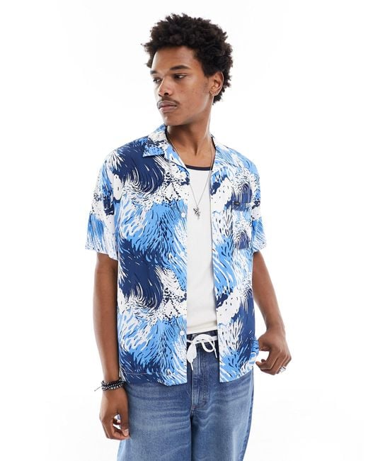 Lee Jeans Blue Short Sve Revere Collar Wave Print Resort Shirt Relaxed Fit for men