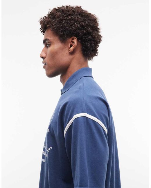 ASOS Blue Heavyweight Oversized Pique Polo With Piping Detail And Football Graphic for men