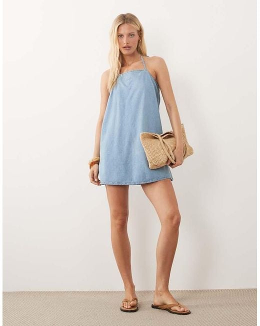 ASOS Blue High Neck Denim Shift Mini Dress